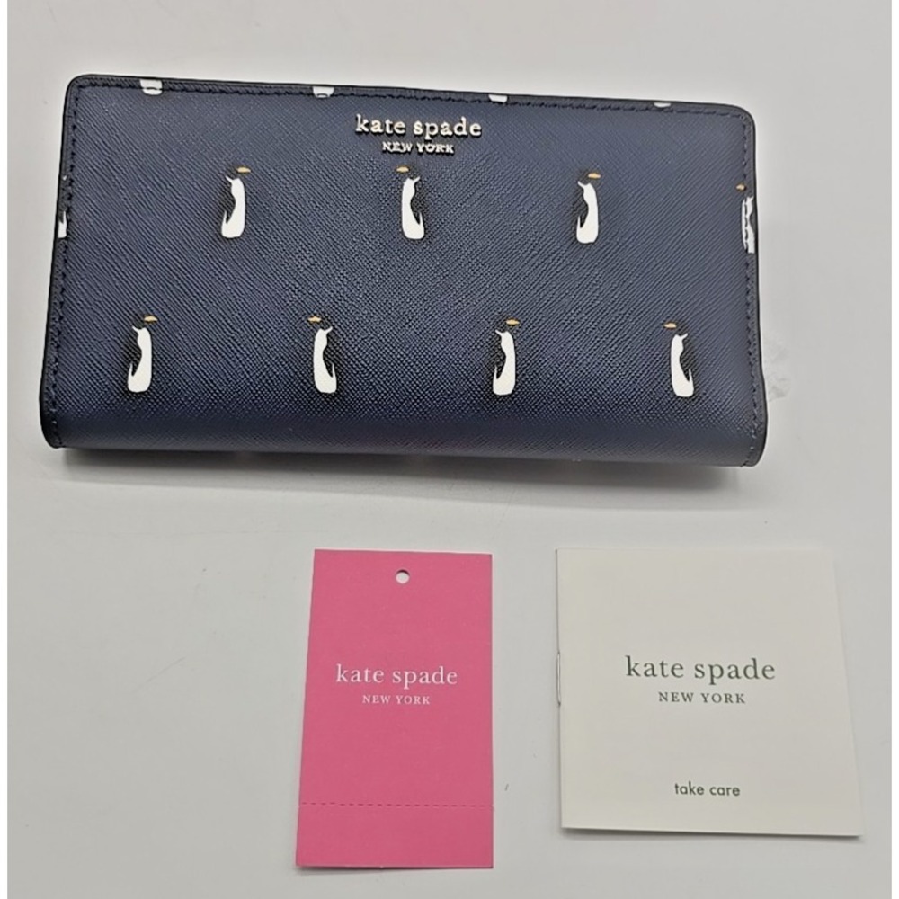 Kate Spade Card Case Penguin Whimsical Wallet Saffiano Leather Slim Bifold‎